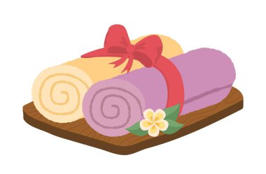 Spa havluları konsepti. Spa prosedürleri ve tedavi için bir sürü eşya. Refah ve rahatlama, dinlenme. Rahatlık ve rahatlık. Çizgi film düz vektör çizimi beyaz arkaplanda izole edildi