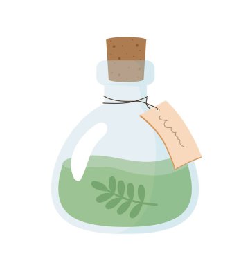 Spa şişesi konsepti. Aroma ve Fragnance. Cilt bakımı ve rahatlama için yeşil sıvı. Sosyal ağlar ve kuryeler için etiket. Çizgi film düz vektör çizimi beyaz arkaplanda izole edildi