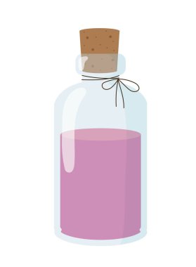 Spa şişesi konsepti. Cilt ve vücut bakımı için mor sıvı, aromaterapi. Rahatlık, rahatlık, spa prosedürleri. Şablon ve maket. Çizgi film düz vektör çizimi beyaz arkaplanda izole edildi