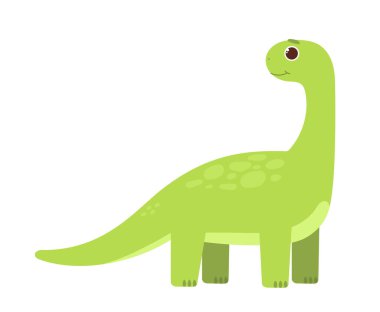 Şirin yeşil dinozor. Hayvanlar ve vahşi yaşam. Sosyal ağlar ve kuryeler için etiket. Tarih öncesi çağ, hayvan BC. Çizgi film düz vektör çizimi beyaz arkaplanda izole edildi