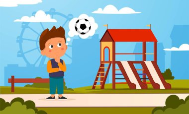 Çocuk parkında. Öğrenci çocuk futbol topunun hayalini kuruyor. Aktif yaşam tarzı ve açık havada dinlenme. Karakter, dönme dolabın arkasındaki şehir parkında kalıyor. Çizgi film düz vektör çizimi
