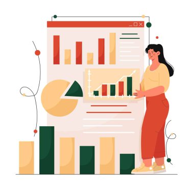 Veri analiz konsepti. Kadın renkli grafiklere, şemalara ve çizelgelere bakıyor. Bilgi grafikleri ve veri görselleştirme, sunum. Piyasa araştırması yapan bir analist. Çizgi film düz vektör çizimi