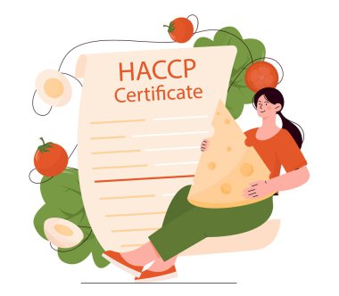 HACCP sertifikalı bir kadın. Doğal ve organik ürünleri olan bir kız. Çiğ sebze. Sağlıklı beslenme ve vejetaryen diyeti. Tehlike analizi ve kritik kontrol noktaları. Çizgi film düz vektör çizimi