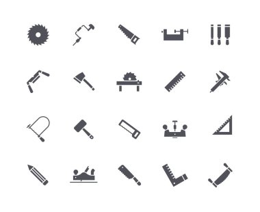 Eski ahşap simgeler için bir araç. Keski ve keski testeresi, bir balta. Ormanların yok edilmesi ve tahtaların işlenmesi. Envanter ve ekipman. Beyaz arkaplanda izole edilmiş çizgi film düz vektör çizimleri