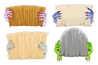 Tabelalı zombi. Kurgusal karakterlerin ellerinin olduğu boş kağıtlar ve ölü. Cadılar Bayramı canavarı elinde mezar taşı ve papirüs tutuyor. Beyaz arkaplanda izole edilmiş çizgi film düz vektör çizimleri