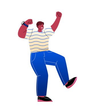 Gülümseyen mutlu insan. Zaferi kutlayan ve başarının sevinci içinde gülen genç adam. Fan konserde ya da etkinlikte bağırıyor. Çizgi film düz vektör çizimi beyaz arkaplanda izole edildi