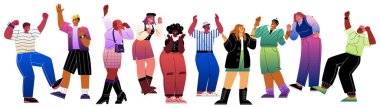 Bir grup mutlu insan. Konserde ya da etkinlikte gülümseyen karakterler. Genç erkekler ve kadınlar olumlu duygular ifade ederler, alkışlarlar ve bağırırlar. Çizgi film düz vektör koleksiyonu beyaz arkaplanda izole edildi