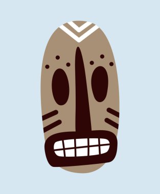 Moda karalama simgesi. Aztek kültürünün geleneksel kabile maskesi. Yüzü olan geleneksel Hawaii totemi. Freehand Matisse sanat tarzı. Mavi arkaplanda çizgi film düz vektör çizimi