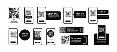 Telefon seti QR kodu. Barkod paketi olan bir akıllı telefon ekranı. Modern teknolojiler ve dijital dünya. Mağaza veya pazar için malların kimlikleri. Düz vektör koleksiyonu beyaz arkaplanda izole edildi