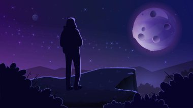 Yıldızlara bakma kavramı. Karakter tepede duruyor ve yıldızlı gökyüzüne bakıyor. Astronomi ve astroloji, öğretim ve deney. Romantik sahne, akşam eğlencesi. Çizgi film düz vektör çizimi