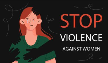 Aile içi şiddet afişini durdurun. Siyah siluetleri olan hırpalanmış bir kadın. Uluslararası tatil ve farkındalık günü. Morlukları olan genç bir kız. Çizgi film düz vektör çizimi