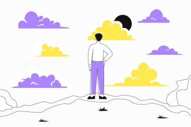 Edge Mountain Cliff konsepti. İnsanoğlu güzel doğal manzaranın üzerinde duruyor. Yürüyüş, kamp, son kullanma tarihi. Dinlenmek ve dinlenmek doğaya, özgürlüğe ve bağımsızlığa bağlı. Doğrusal düz vektör çizimi