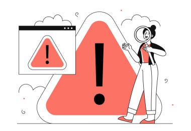 Önemli bir duyuru. Büyüteçli kadın ünlem işaretli kırmızı üçgenin yanında duruyor. İnternet tehlikesi, virüs, uyarı ve alarm. Doğrusal düz vektör çizimi