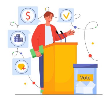 Political program concept. Man stands behind microphone stand. Presidential candidate for election program and debate, press conference. Orator and speaker. Cartoon flat vector illustration clipart