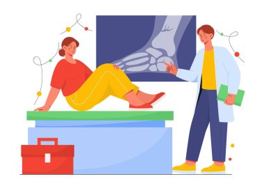 Hasta konsepti olan bir travmatolog. Tıp önlüklü adam kadın bacağının röntgenine bakıyor. Teşhis ve tedavi, sağlık hizmetleri. Kemikleri kırılmış bir kız uzman doktorla görüşüyor. Çizgi film düz vektör çizimi