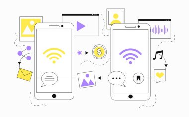 Dosya konsepti gönderiliyor. Cihazların kablosuz bağlantısı, cihazların senkronizasyonu. Kablosuz internet sembollü akıllı telefonlar. Belgeler telefona yükleniyor ve indiriliyor. Doğrusal düz vektör çizimi