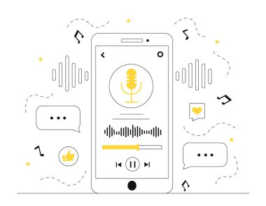 Cep telefonundaki oyuncu. Müzik ve favori şarkıları dinlemek için program ya da uygulama. Arayüz, UI ve UX tasarımı. Akıllı telefon için müzik uygulaması ya da yazılım. Doğrusal düz vektör çizimi