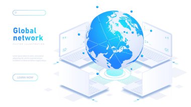 Küresel ağ beyaz afişi. Bilgi alışverişi ve internet, kablosuz bağlantı ve cihaz senkronizasyonu. Siber uzay, dijital dünya ve metaevren. İzometrik vektör illüstrasyonu