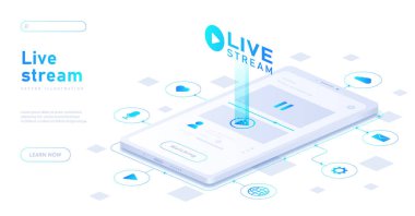 Canlı yayın beyaz afişi. Videolu akıllı telefon. Modern teknolojiler ve dijital dünya. İlginç içerik ve sosyal ağlarda canlı yayın. Yayını izle. İzometrik vektör illüstrasyonu