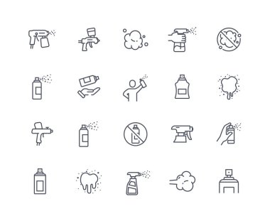 Spray icons outline set. Cosmetical tools, lotions and creams. Deodorant and disinfection. Gas or nozzle, airbrush. Water or steam. Flat vector collection isolated on white background clipart