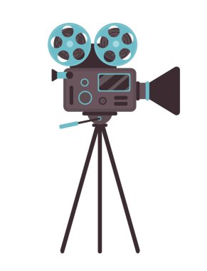 Sinema kamerası konsepti. Web sitesi simgesi. Video ve prodüksiyon için medya ve multimedya ekipmanları ilginç gösteriler ve komatikler yaratmak için. Çizgi film düz vektör çizimi beyaz arkaplanda izole edildi