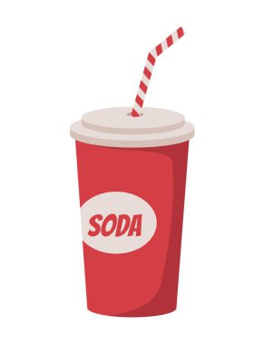 Sinema soda konsepti. Web sitesi simgesi. Tiyatro için lezzetli bir içecek ya da beşikteki film için. Sağlıksız tatlı yemek. Çizgi film düz vektör çizimi beyaz arkaplanda izole edildi