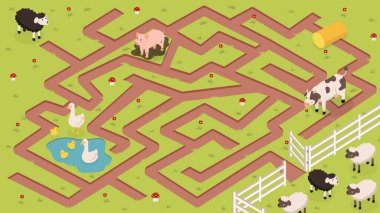 İzotrik çiftlik labirenti vektör çizimi. Çiftlik hayvanları ve sığırlarla dolu bir labirent manzarası. Domuz, koyun ve inek. Çiftçilik ve tarım. Çizgi film 3D eğitim materyali veya jigasaw, puzzle