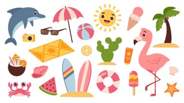 Yaz elementleri etiketleri vektör seti. Flamingo, yunus ve dondurma. Güneş gözlüğü, güneş kremi ve yaz paspası. Yengeç ve kabuk, denizyıldızı. Çizgi film koleksiyonu beyaz arkaplanda izole edildi