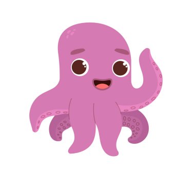 Su altı hayvan ahtapot kavramı. Deniz altı sakini. Hayvanat bahçesi, vahşi yaşam ve zooloji. Sosyal ağlar ve kuryeler için etiket. Çizgi film düz vektör çizimi beyaz arkaplanda izole edildi