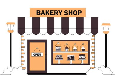 Pastane binası vektörü. Pasta ve tatlı un ürünleriyle dolu bir vitrin. Küçük işletme, kafe ya da yemek şirketi, şehir altyapısı. Vitrinde kek ve kek. Doğrusal düz vektör çizimi