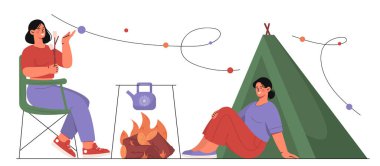 Şenlik ateşi konseptiyle kamp yapmak. Aktif yaşam tarzı ve eğlence. Kız arkadaşlar piknikte ya da yürüyüş yaparken marşmelov kızartıyorlar. Çizgi film düz vektör çizimi beyaz arkaplanda izole edildi
