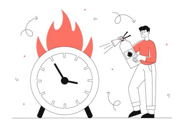 Bitiş tarihi olan adam. Genç adam yangın söndürücüyle yangını söndürdü. Kötü zaman yönetimi ve verimsiz iş akışı organizasyonu. Baskı altında çalışan bir işçi. Doğrusal düz vektör çizimi