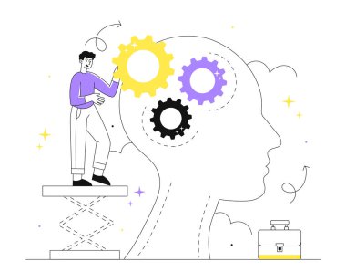 Minik insan çizgisi konseptinde mekanik. İnsan, vitesleri soyut kafa siluetiyle değiştiriyor. Psikoloji ve akıl sağlığı, farkındalık ve bilinç. Doğrusal düz vektör çizimi