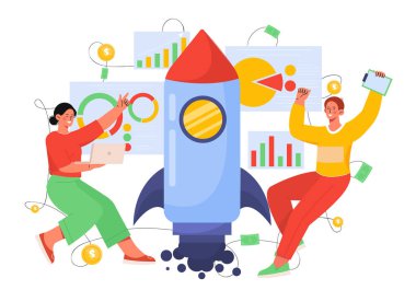 İnsanlar roket fırlatma konseptini kullanır. Grafiklerin ve diyagramların arka planında kadın ve erkek var. Yenilik, anlayış ve fikir. İş projesinde çalışan girişimciler. Çizgi film düz vektör çizimi