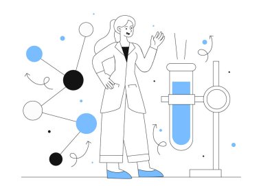 Matara çizgisi konsepti olan bir bilim adamı. Laboratuvar önlüklü kadın bilimsel deneyler yapıyor ve maddenin bileşimini analiz ediyor. Uyuşturucunun gelişimi. Doğrusal düz vektör çizimi