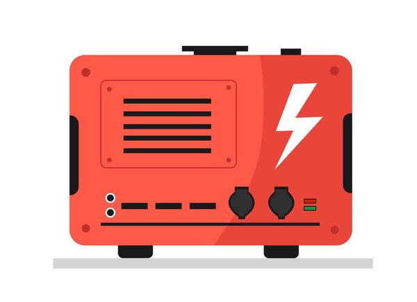 Красный электрический генератор заднего вида. Электричество из дизельного топлива или топлива. Автономный источник энергии для магазина или частного дома. Иллюстрация плоского вектора карикатуры на белом фоне