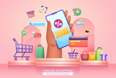 3D ekommerce pankartı. İnternetteki dükkanlı telefon ekranı ve indirimli satışlar. İnternet mağazasında mal satışı. Alışveriş arabaları ve paketlerle iniş sayfası. Ses düzlemsel düz vektör çizimi