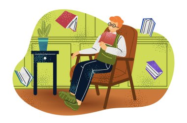 Rüya karakterini rahatlatıyor. Düşünen çocuk elinde kitaplarla koltukta oturuyor. Kütüphanedeki öğrenci rüya gibi yansıtır. Ders kitabı olan düşünceli bir çocuk. Çizgi film düz vektör çizimi beyaz arkaplanda izole edildi