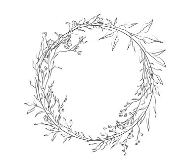 Çiçekli dairesel çerçeve. Kart ve poster tasarımı için çiçek açan çelenkler. Düğün davetiyeleri için yaprakları ve dalları olan bir sınır. Beyaz arkaplanda izole edilmiş doğrusal düz vektör çizimi