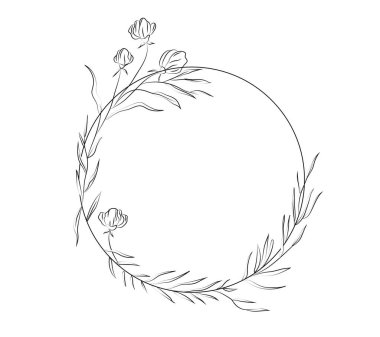 Çiçekli dairesel çerçeve. Düğün davetiyeleri için çiçek açan süslemelerle dolu boş, yuvarlak bir sınır. Logo ve kartpostal için çiçekli şablon. Beyaz arkaplanda izole edilmiş doğrusal düz vektör çizimi