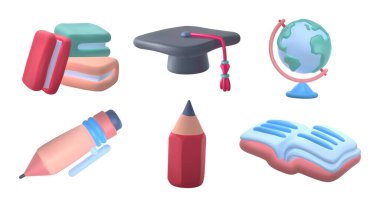 Okul 3D simgeleri ayarlandı. Volumetrik malzemeler, kalemler, dünya, plastik gerçekçilik tarzında mezuniyet şapkası ve kitaplar. Eğitim, üniversite ve öğrenim kavramı. Beyaz arkaplanda vektör koleksiyonu izole edildi