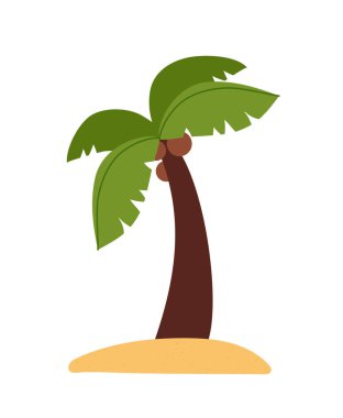 Korsan macera palmiyesi kavramı. Hindistan cevizli tropik ve egzotik bir ağaç. Adalı Flora. Bitkiler. Sosyal medya etiketi. Çizgi film düz vektör çizimi beyaz arkaplanda izole edildi