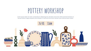 Çömlek seramikleri atölyesi afişi. Mutfak gereçleri için sanat stüdyosu. Geleneksel soyut şekil ve kalıplarda kupalar, sürahiler ve vazolar. Çizgi film düz vektör çizimi