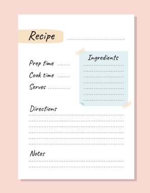 Tarif kitabı kapağı tasarım konsepti. Not alınacak ve malzemelerin işaretleneceği bir yer. Bahşiş ve numaralar, usta sınıf. Bilgi ve bilgi. Poster ya da afiş. Çizgi film düz vektör çizimi