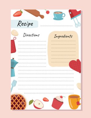 Tarif kitabı kapağı tasarım konsepti. Yemek, lezzetli yemekler ve satırların yanına mesaj bırakmak. Malzemelerin ve tariflerin listesi. Şablon, yerleşim ve modelleme. Çizgi film düz vektör çizimi