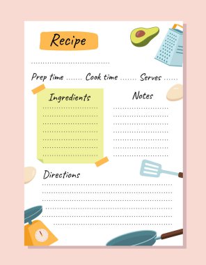 Tarif kitabı kapağı tasarım konsepti. Avokado, pullar ve notlar için uzayın yanındaki spatula. Bilgi ve bilgi, tarif ve master sınıfı, hazırlık. Çizgi film düz vektör çizimi