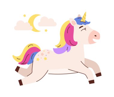 Hilal kavramlı tek boynuzlu at. Bulutlardaki sevimli ve sevimli karakter. Büyü ve büyücülük, sihir. Şablon, yerleşim ve modelleme. Çizgi film düz vektör çizimi beyaz arkaplanda izole edildi