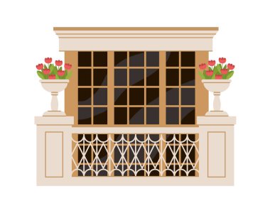 Güzel dekore edilmiş pencere konsepti. Çiçekli balkon ve mermer desenli. Dış görünüş, modern mimari. Çizgi film düz vektör çizimi beyaz arkaplanda izole edildi