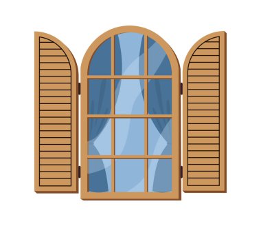 Güzel dekore edilmiş pencere konsepti. Dış görünüş ve dış görünüş. Ahşap kapının arkasındaki cam. Şehir mimarisi ve binası. Poster ya da afiş. Çizgi film düz vektör çizimi beyaz arkaplanda izole edildi