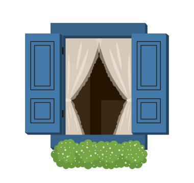 Güzel dekore edilmiş pencere konsepti. Perdeleri ve kapıları olan kare çerçeve. Modern evin dış görünüşü ve cephesi. Şehir mimarisi. Çizgi film düz vektör çizimi beyaz arkaplanda izole edildi